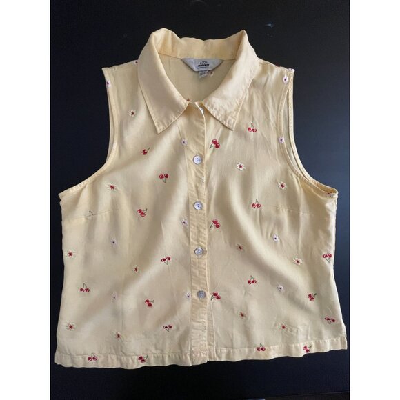 Vintage AKS Amy K Su Sleeveless Top Yellow with Red Cherries Womens Size XL - Picture 1 of 9